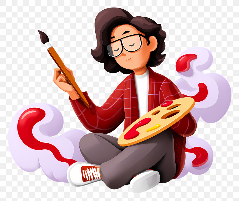 Student With Painting Brush - Cartoon Artist With Paintbrush And Palette PNG
