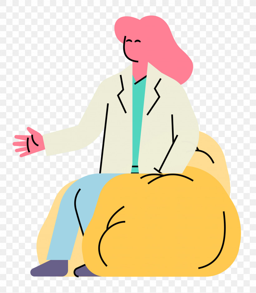 Cartoon Yellow Text Joint Sitting, PNG, 2178x2500px, Sitting, Cartoon, Chair, Conversation, Happiness Download Free