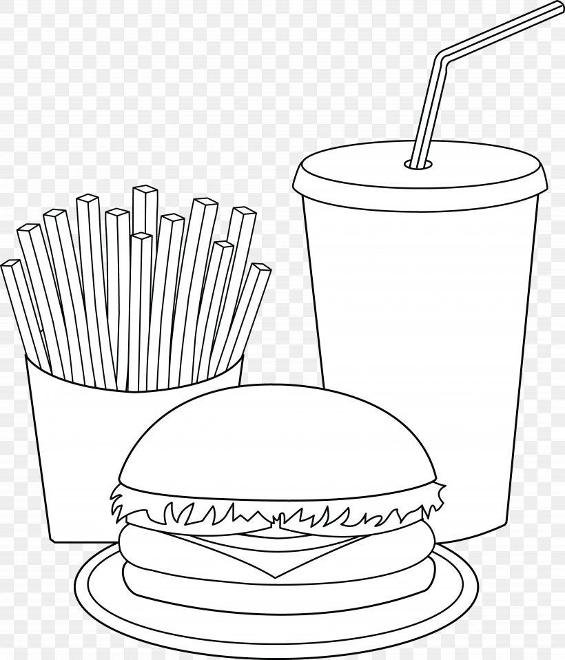 Fast Food Junk Food Hamburger French Fries Clip Art, PNG, 7050x8242px, Fast Food, Area, Bathroom Accessory, Black And White, Coloring Book Download Free