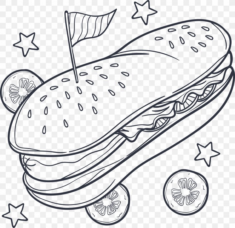 Hot Dog Hamburger Fast Food French Fries Coloring Book, PNG, 2654x2579px, Hot Dog, Adult, Area, Automotive Design, Black And White Download Free