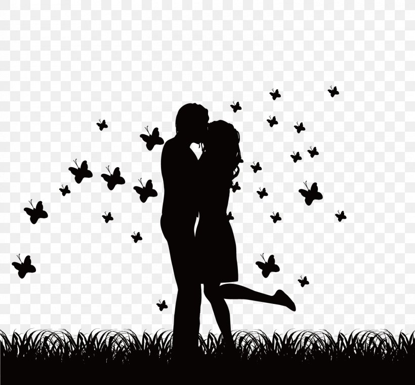 The Couple Under The Stars, PNG, 1500x1391px, Kiss, Black And White, Couple, Human Behavior, Illustration Download Free