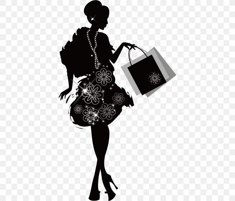 Shopping Fashion Woman Silhouette, PNG, 412x700px, Watercolor, Cartoon, Flower, Frame, Heart Download Free