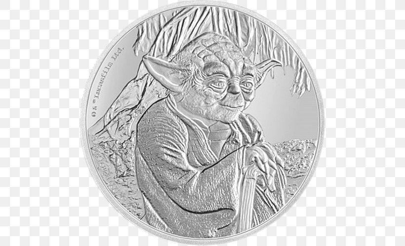 Coin Yoda Silver Star Wars Jabba The Hutt, PNG, 500x500px, Coin, Black And White, Currency, Drawing, Fictional Character Download Free