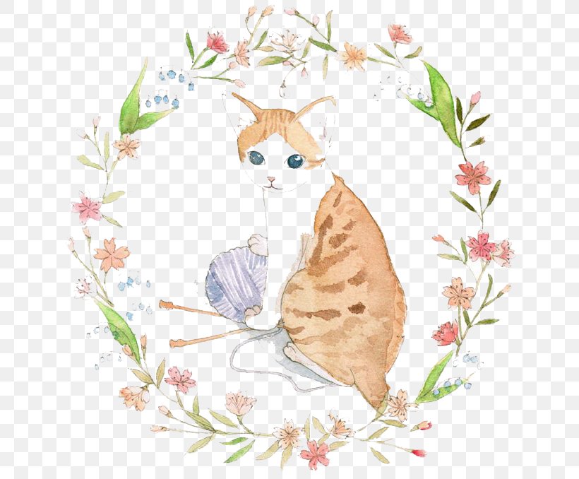 Cat Watercolor Painting, PNG, 650x678px, Cat, Art, Branch, Butterfly, Cartoon Download Free