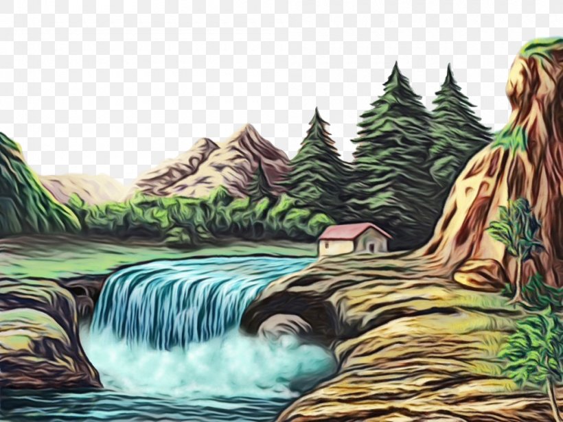 Waterfall, PNG, 1000x750px, Watercolor, Cg Artwork, Fictional Character, Grass, Jungle Download Free