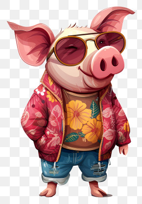 Pig Day - Stylish Cartoon Pig In Sunglasses And Floral Jacket PNG