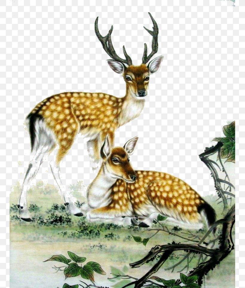 Sika Deer Tiger Ink Wash Painting Chinese Painting, PNG, 755x964px, Deer, Antler, Art, Birdandflower Painting, Calligraphy Download Free