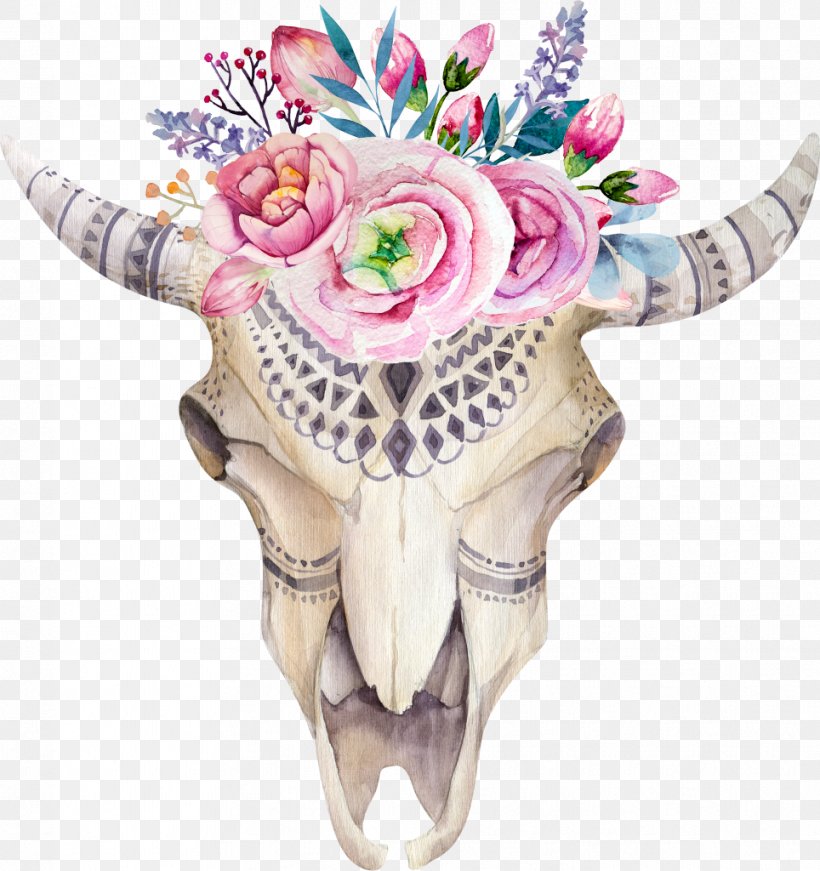 Texas Longhorn Flower Watercolor Painting Floral Design Skull, PNG, 964x1024px, Texas Longhorn, Bone, Cattle, Feather, Floral Design Download Free