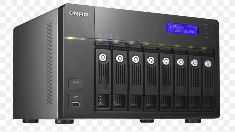 Disk Array Network Storage Systems Home Server Computer Servers QNAP TS-869 Pro, PNG, 2000x1128px, Disk Array, Audio Equipment, Audio Receiver, Computer, Computer Case Download Free