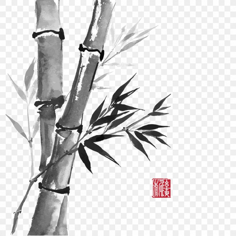 Bamboo Drawing Ink Wash Painting, PNG, 1000x1000px, Bamboo, Art, Bamboo Painting, Black And White, Branch Download Free