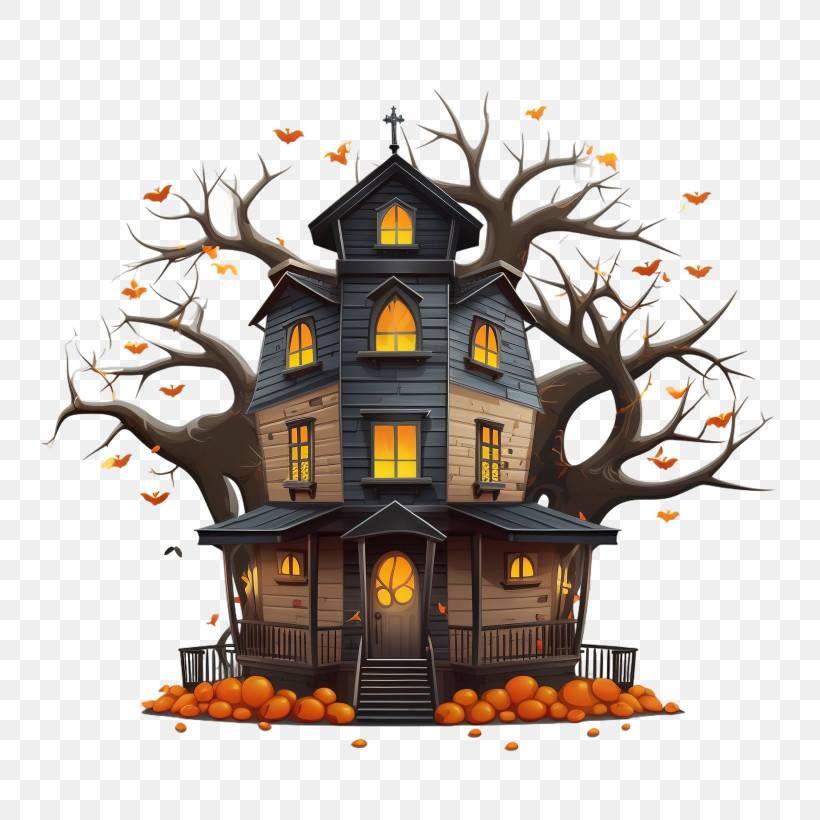 Haunted House - Spooky Haunted House With Pumpkins For Halloween PNG