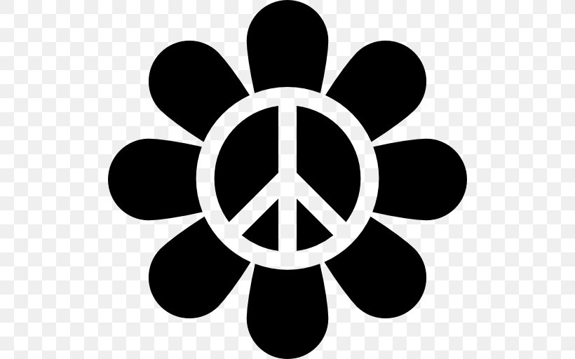 Hippie Flower Power Peace, PNG, 512x512px, Hippie, Black And White, Flower, Flower Power, Logo Download Free