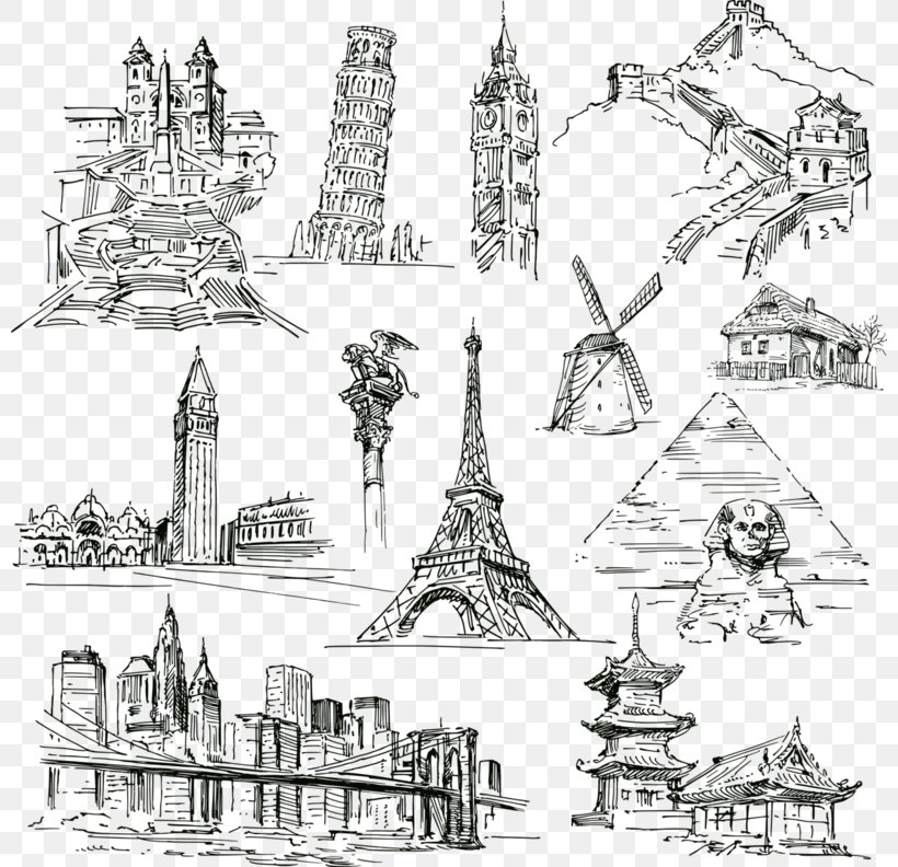 Statue Of Liberty Eiffel Tower Landmark Drawing, PNG, 800x792px, Statue Of Liberty, Area, Artwork, Black And White, Building Download Free