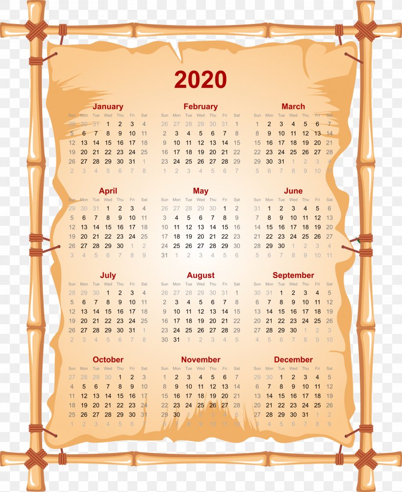 2020 Printable Calendar., PNG, 1964x2400px, Bamboo, Calendar, Decorative Arts, Drawing, Grasses Download Free