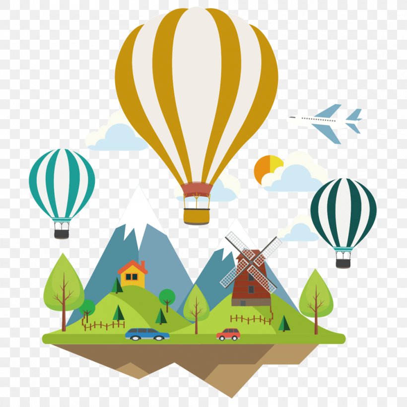 Hot Air Balloon Airplane Vector Graphics, PNG, 1000x1000px, Balloon, Airplane, Designer, Flat Design, Hot Air Balloon Download Free