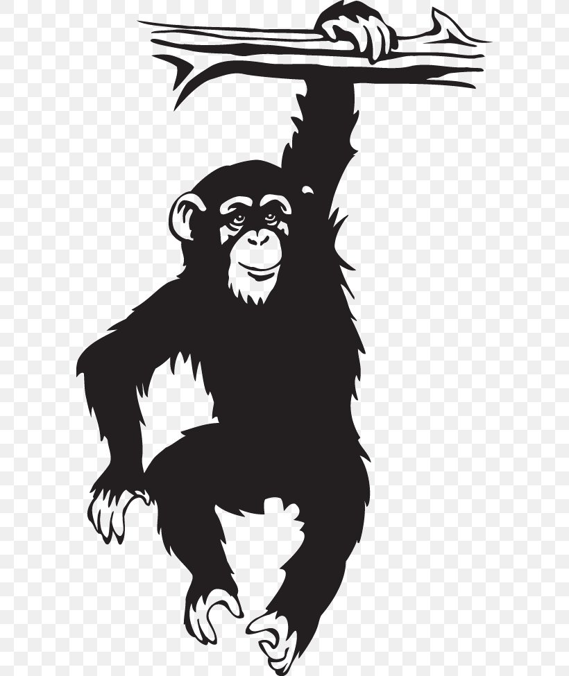 Chimpanzee Monkey Tree Wall Decal Image, PNG, 600x975px, Chimpanzee, Animal, Ape, Art, Black And White Download Free