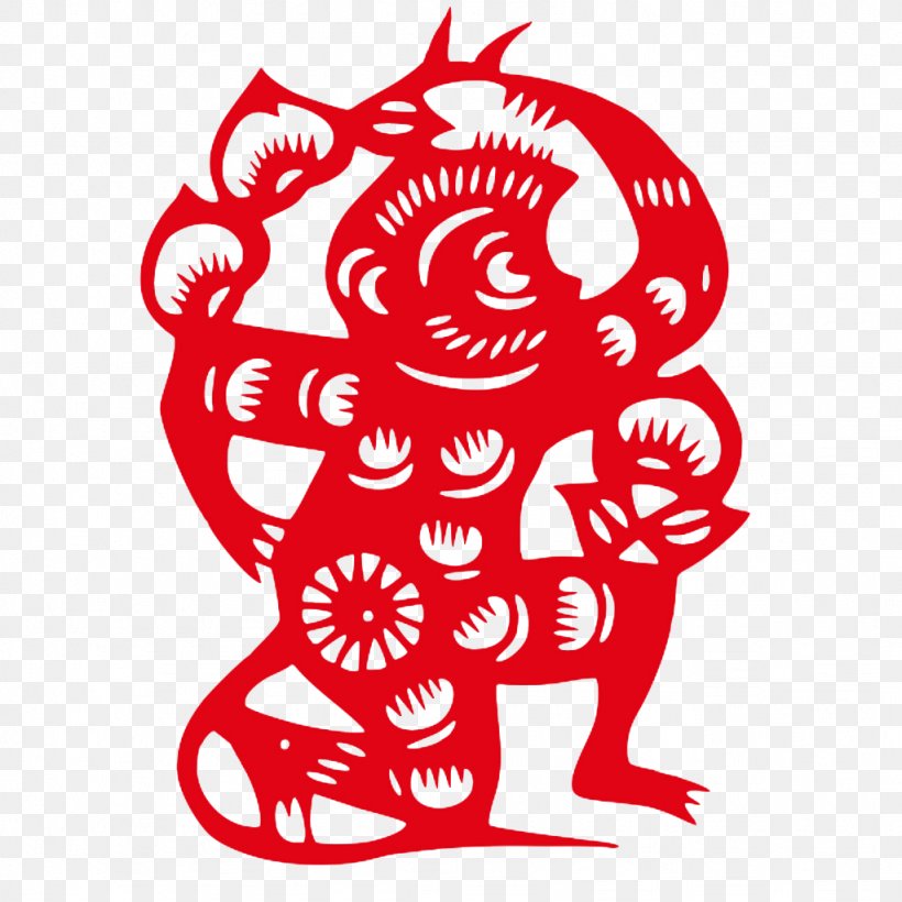 Monkey Papercutting Chinese Paper Cutting Chinese New Year Stock Photography, PNG, 1024x1024px, Watercolor, Cartoon, Flower, Frame, Heart Download Free