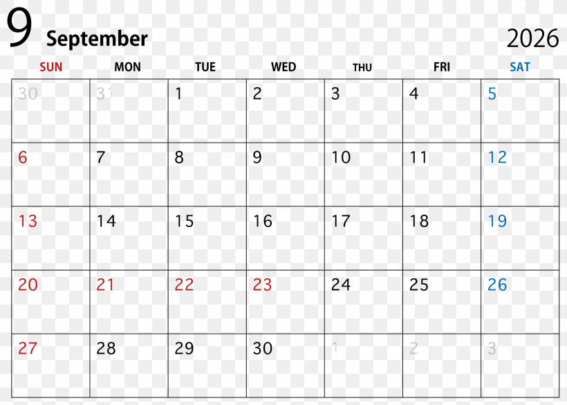 September 2026 Calendar September 2026 Calendar Layout, PNG