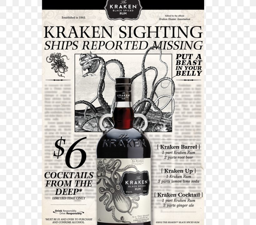 Liqueur Kraken Rum Distilled Beverage Whiskey, PNG, 720x720px, Liqueur, Alcoholic Beverage, Bottle, Dessert Wine, Distilled Beverage Download Free