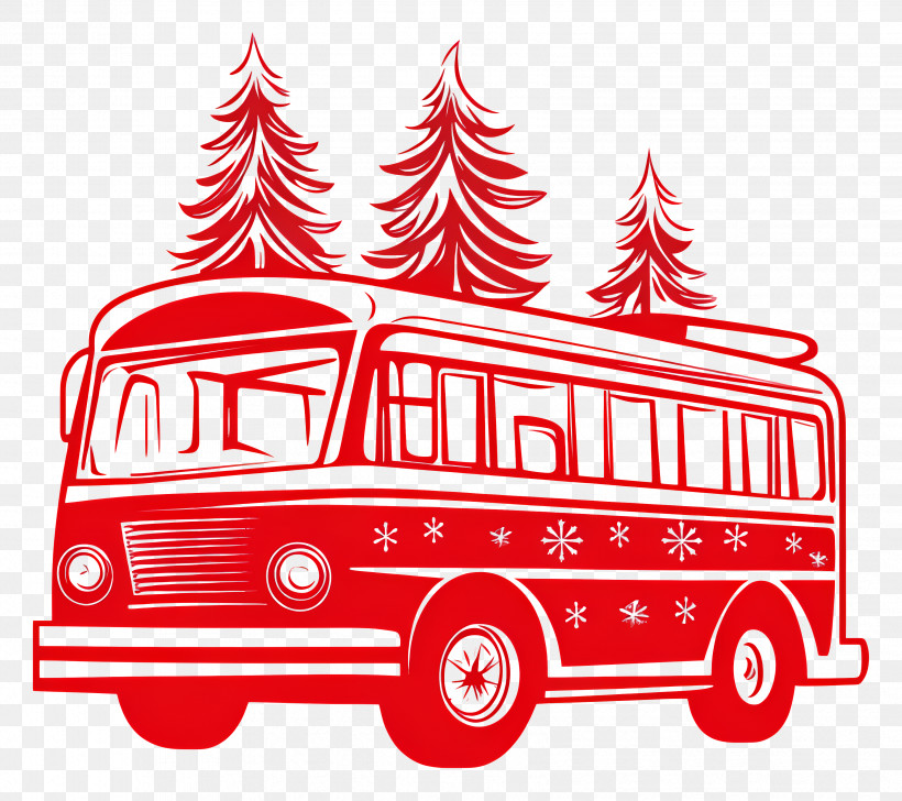 Christmas Bus - Red Bus With Christmas Tree Decorations PNG