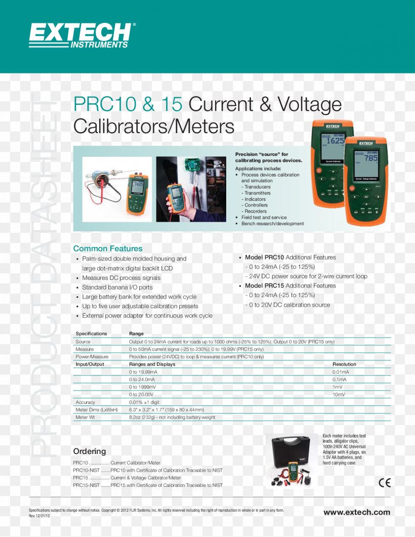 Extech PRC15 Current & Voltage Calibrator Extech Instruments Calibration Electric Potential Difference Datasheet, PNG, 1275x1650px, Extech Instruments, Accuracy And Precision, Brochure, Calibration, Datasheet Download Free