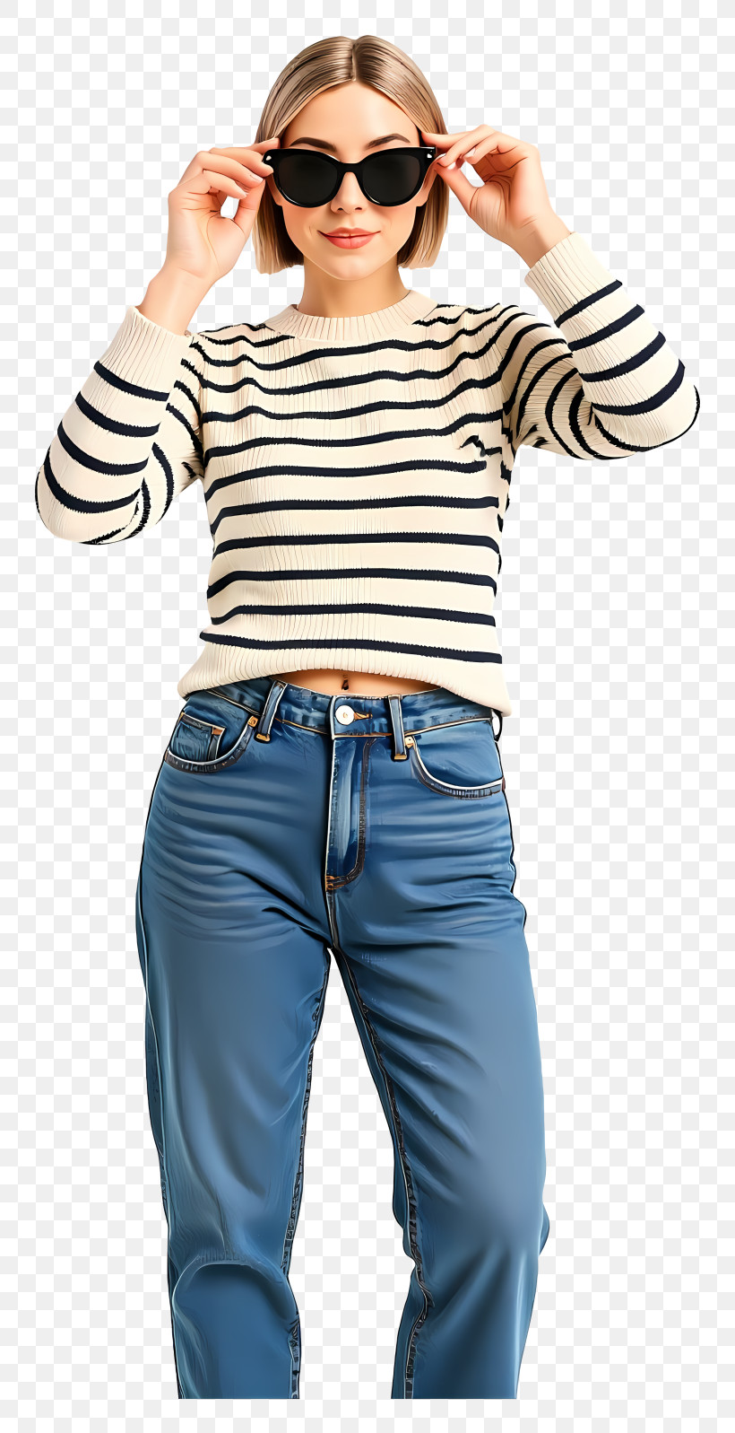 Woman In Casual Outfit - Chic Blonde In Striped Sweater PNG