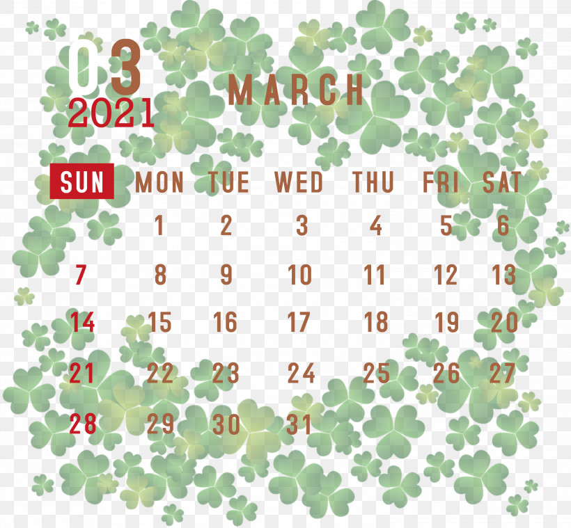 March 2021 Printable Calendar March 2021 Calendar 2021 Calendar, PNG, 3000x2779px, 2021 Calendar, March 2021 Printable Calendar, Fourleaf Clover, Happiness, Holiday Download Free