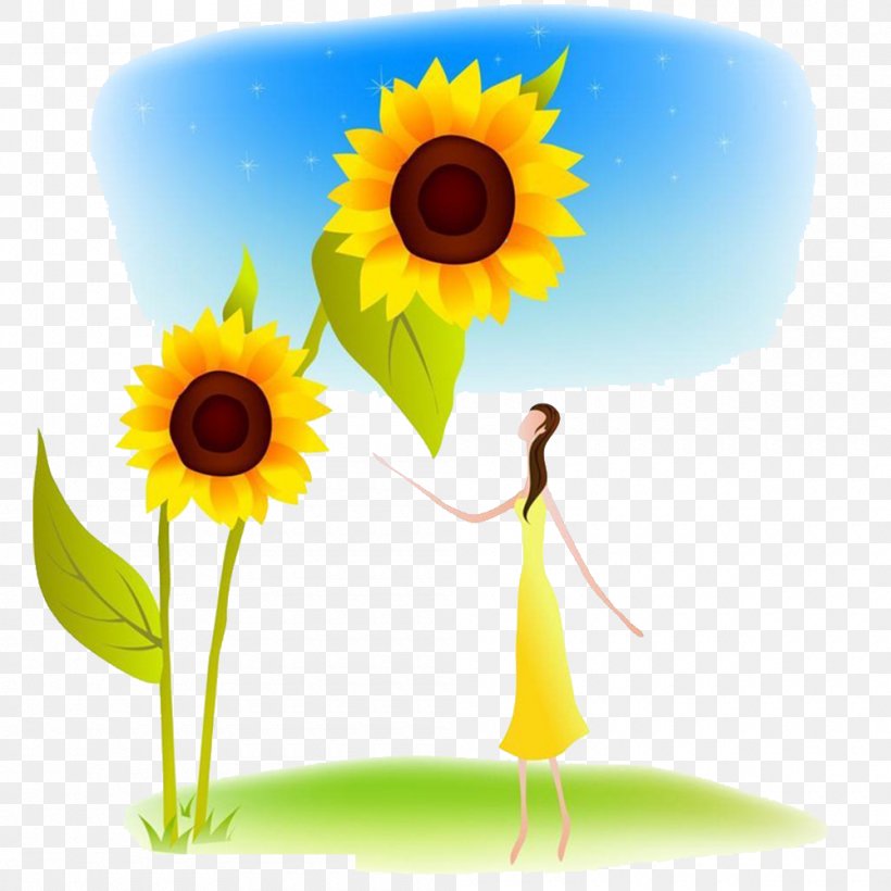 Cartoon Common Sunflower Illustration, PNG, 1000x1000px, Watercolor, Cartoon, Flower, Frame, Heart Download Free