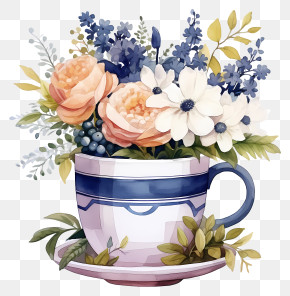 Coffee Flowers - Elegant Spring Flowers In Teacup PNG