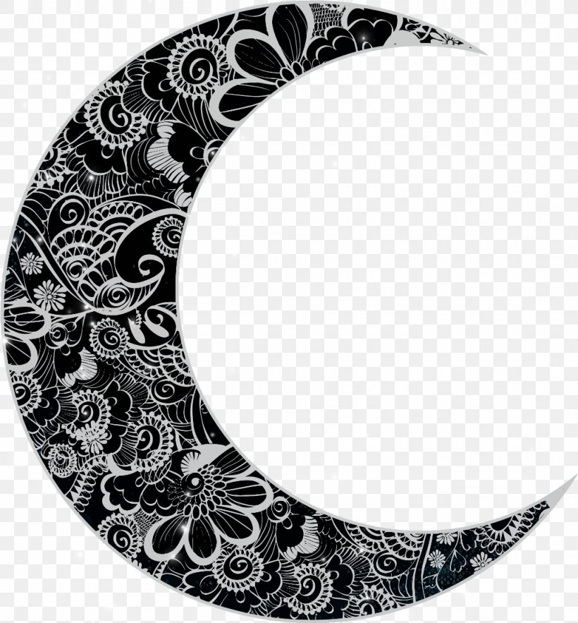 Vector Graphics Crescent Clip Art Floral Design, PNG, 1024x1103px, Crescent, Black And White, Drawing, Floral Design, Full Moon Download Free