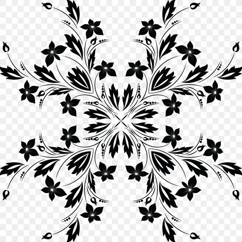 Flower Ornament Black And White Clip Art, PNG, 4000x4000px, Flower, Black, Black And White, Branch, Drawing Download Free