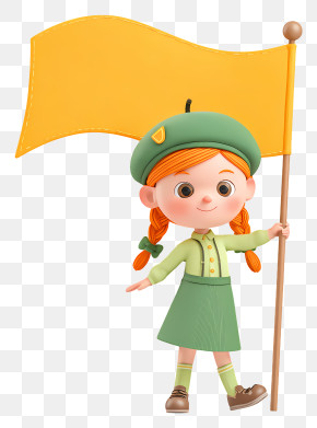 Cartoon Girl Holding Tall Flagpole - Girl Holding Yellow Flag PNG