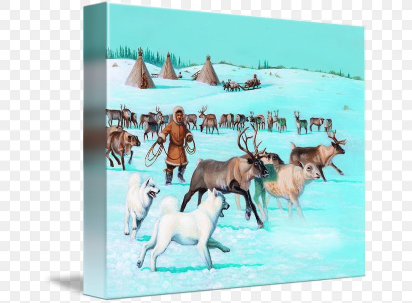 Reindeer Samoyed Dog Gallery Wrap Antler Canvas, PNG, 650x604px, Reindeer, Antler, Art, Canvas, Deer Download Free