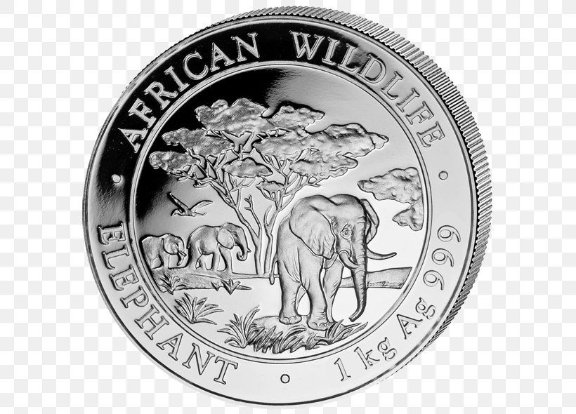 African Elephant Silver Coin Silver Coin Elephantidae, PNG, 600x590px, African Elephant, American Silver Eagle, Black And White, Bullion, Coin Download Free