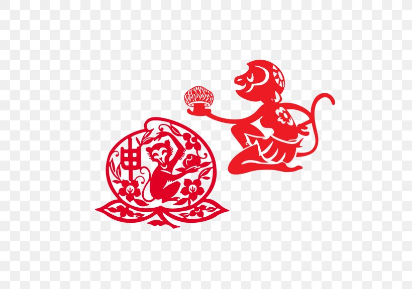 Monkey Chinese New Year Chinese Zodiac Bainian Papercutting, PNG, 576x576px, Watercolor, Cartoon, Flower, Frame, Heart Download Free