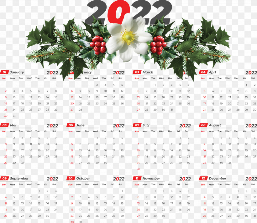 2022 Printable Yearly Calendar 2022 Calendar, PNG, 3000x2610px, Common Holly, Christmas Day, Holly, Mistletoe, Painting Download Free