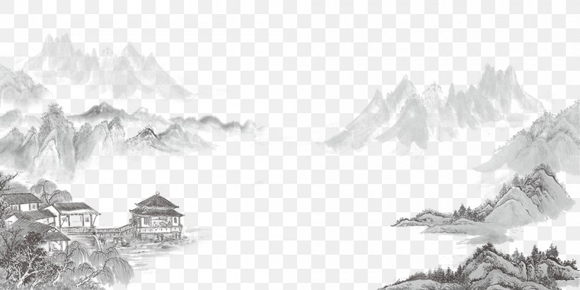 U56fdu753bu5c71u6c34 Ink Wash Painting Shan Shui, PNG, 1000x500px, Ink Wash Painting, Black And White, Chinese Calligraphy, Chinese Painting, Fukei Download Free