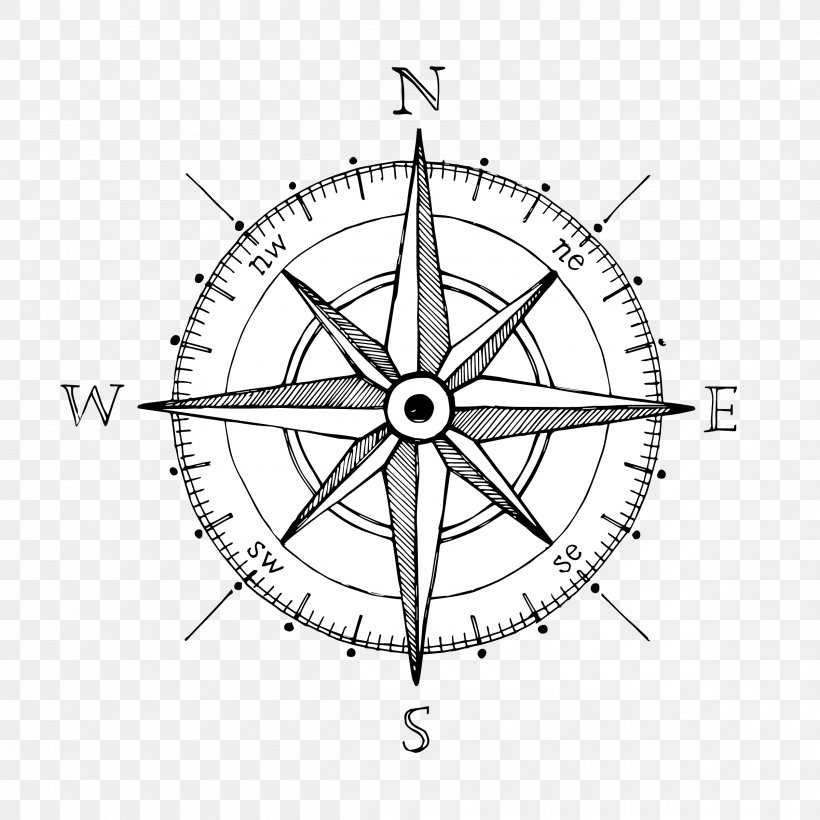 Compass Rose Drawing Hand Compass, PNG, 2400x2400px, Compass, Area, Bicycle Part, Bicycle Wheel, Black And White Download Free