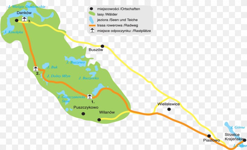 Długie, Strzelce-Drezdenko County Wielisławice, Lubusz Voivodeship Danków, Lubusz Voivodeship Piastowo, Lubusz Voivodeship Trail Blazing, PNG, 1400x851px, Trail Blazing, Area, Diagram, Lake, Longdistance Cycling Route Download Free