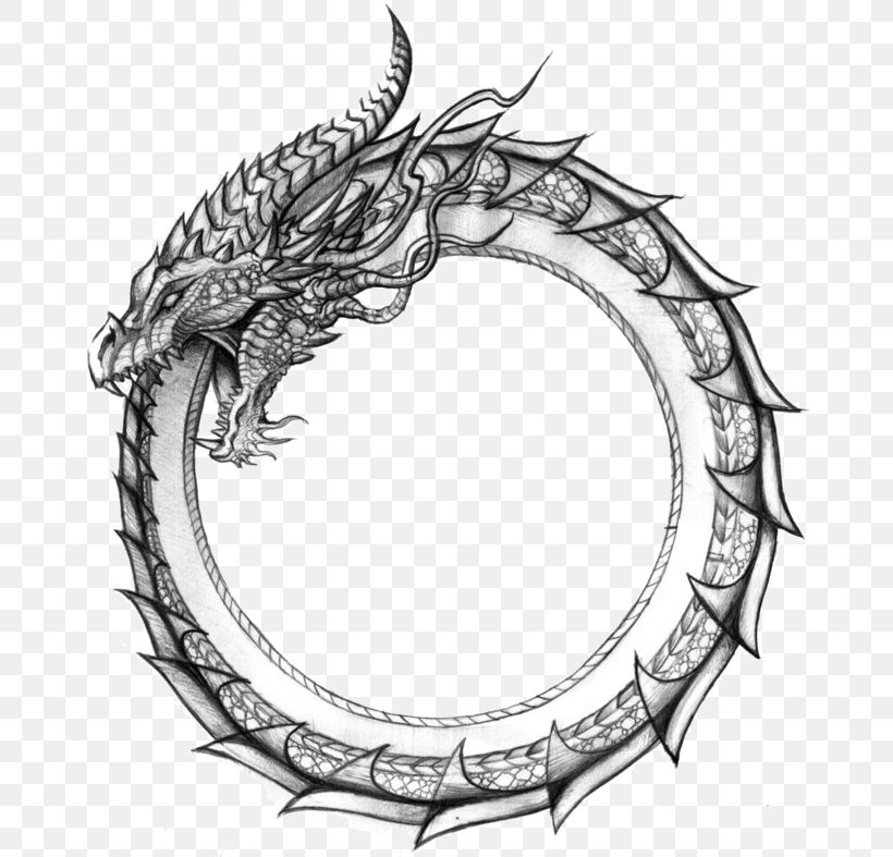 Ouroboros Dragon Symbol Jörmungandr Snake, PNG, 762x787px, Ouroboros, Artwork, Black And White, Dragon, Drawing Download Free