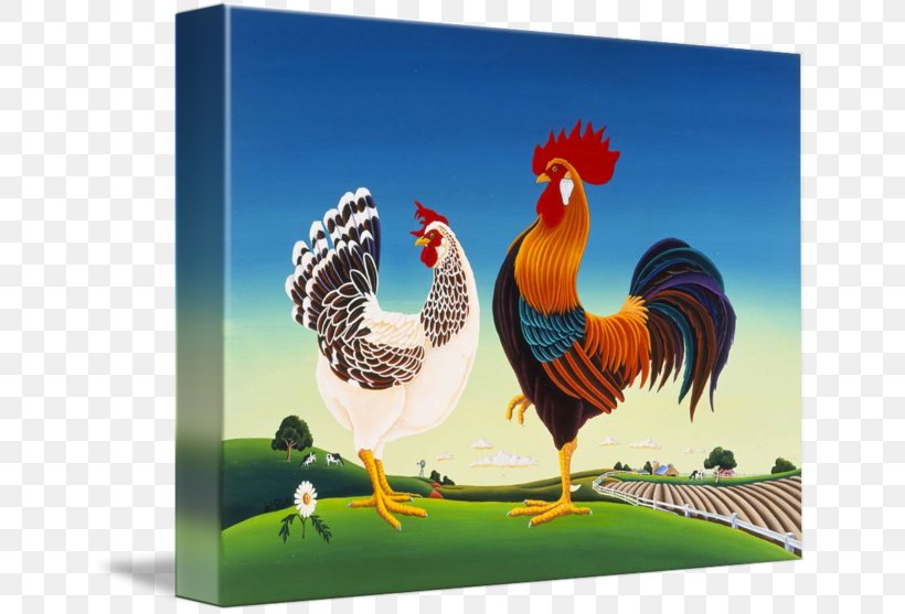 Rooster Chicken Galliformes Hen Painting, PNG, 650x557px, Rooster, Advertising, Art, Beak, Bird Download Free