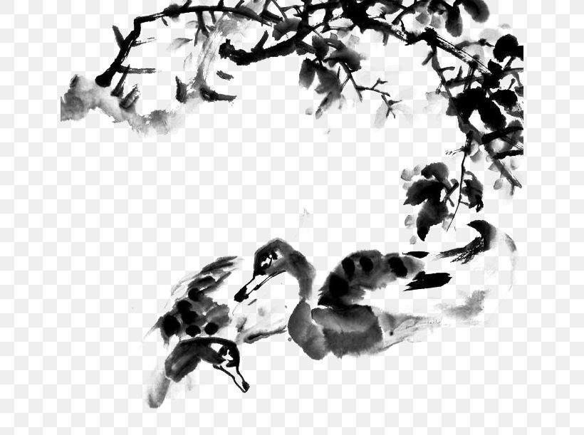 Mandarin Duck Ink Wash Painting, PNG, 650x611px, Duck, Bird, Black And White, Ducks Geese And Swans, Ink Download Free