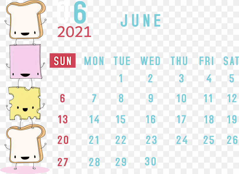 June 2021 Calendar 2021 Calendar June 2021 Printable Calendar, PNG, 3000x2193px, 2021 Calendar, Cartoon, Diagram, Emoticon, Happiness Download Free