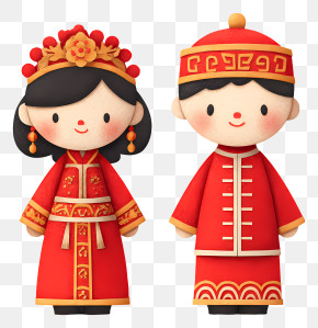 Chinese Wedding Couple - Couple In Festive Traditional Red Dress PNG