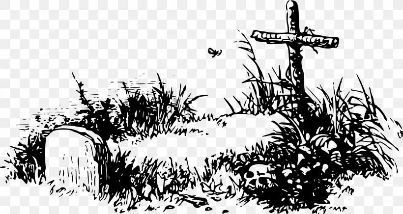 Cemetery Headstone Grave Clip Art, PNG, 2400x1278px, Cemetery, Art, Black And White, Branch, Cross Download Free