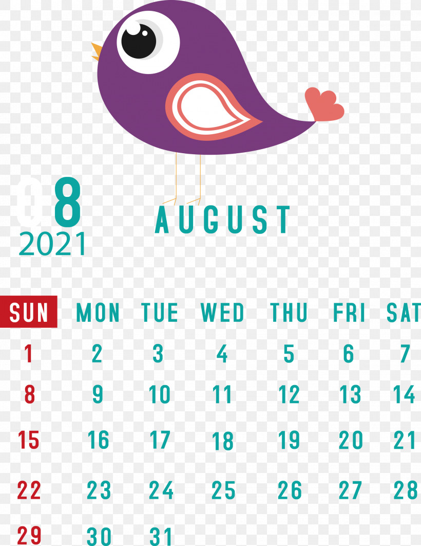 August 2021 Calendar August Calendar 2021 Calendar, PNG, 2316x3000px, 2021 Calendar, Beak, Calendar System, Geometry, Line Download Free