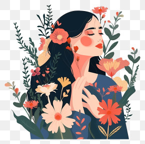 Flat Woman And Flowers - Elegant Portrait Of A Woman With Flowers PNG