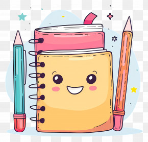 Notebook - Cute Notebook And Pencils In Cartoon Style PNG