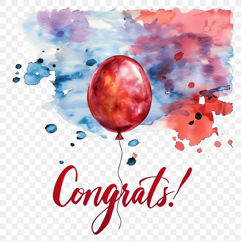 Congratulations - Red Balloon And Congrats Lettering On Watercolor Background PNG