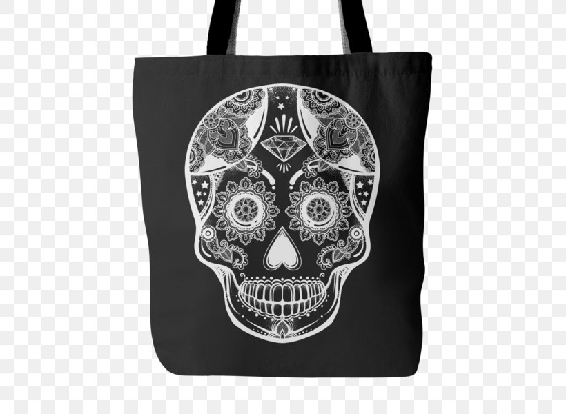 Tote Bag T-shirt Clothing Accessories Skull, PNG, 600x600px, Tote Bag, Bag, Black And White, Bone, Calavera Download Free